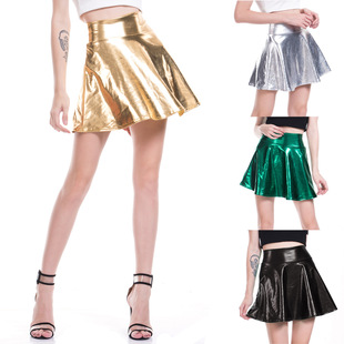 Cross-Border European and American New Nightclub Stage Solid Color Performance Clothing Fashion Leather Umbrella Skirt Women's Pleated Skirt Factory Direct Sale