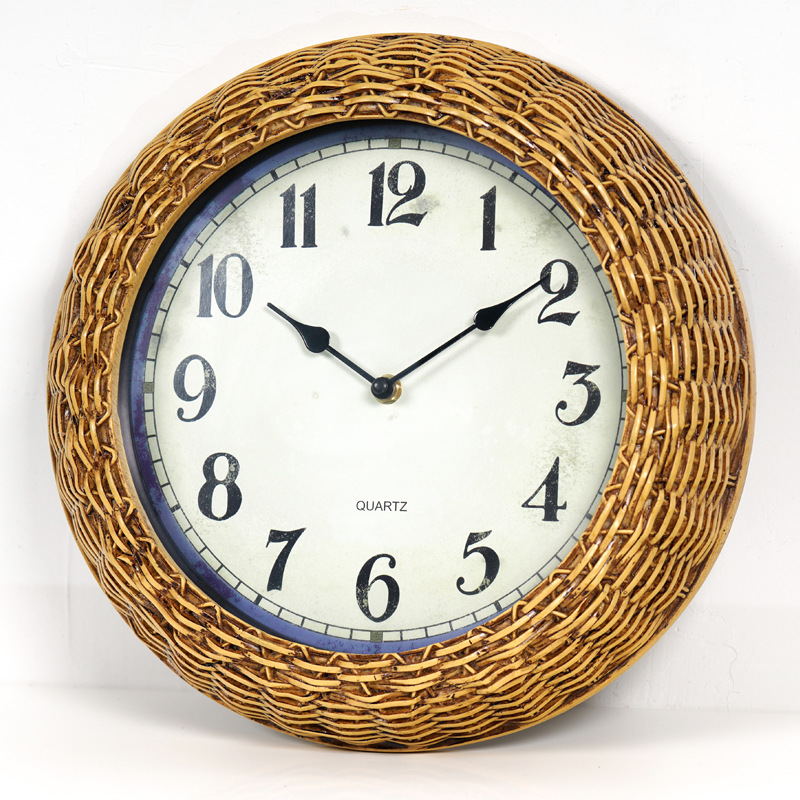 欧式复古田园挂钟装饰挂表竹编卧室工艺艺术创意客厅静音钟表时钟