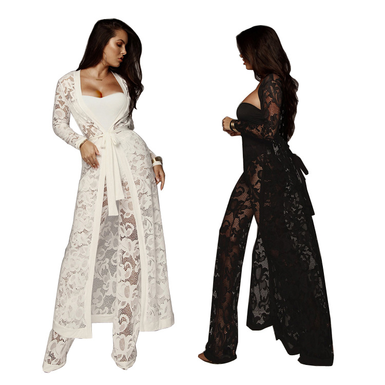 Traje de mujer deseo Comercio exterior europeo y americano pantalones de pierna ancha de encaje de otoño sexy de mujer traje casual de tres piezas al por mayor image 3