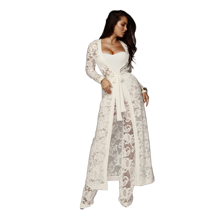 Traje de mujer deseo Comercio exterior europeo y americano pantalones de pierna ancha de encaje de otoño sexy de mujer traje casual de tres piezas al por mayor image 7