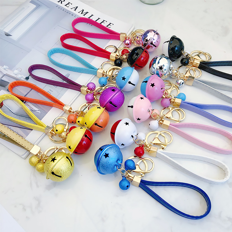 韩版创意圣诞铃铛钥匙扣女手工手机壳装饰双层PU皮绳汽车包包挂件