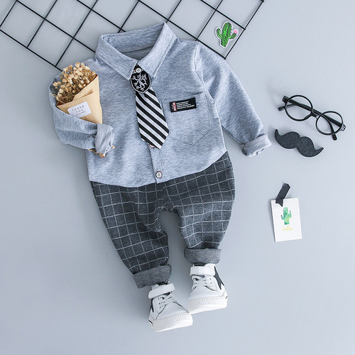 Foreign trade children's clothing boys' autumn children's suits Korean style children's long-sleeved tie shirt two-piece set factory wholesale