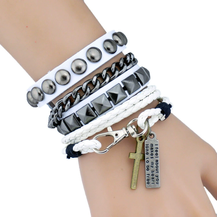 Set, fashionable black woven bracelet for beloved, European style, punk style