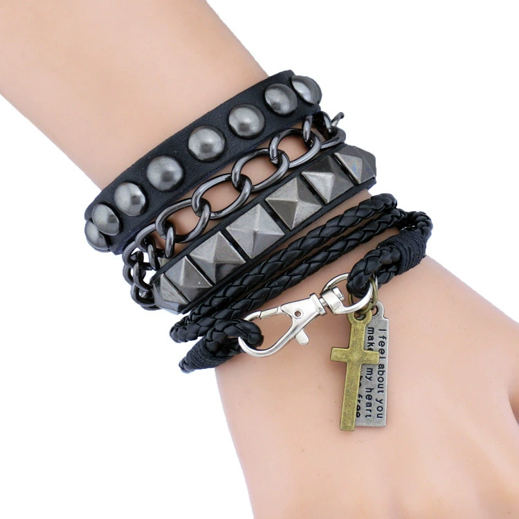 Set, fashionable black woven bracelet for beloved, European style, punk style