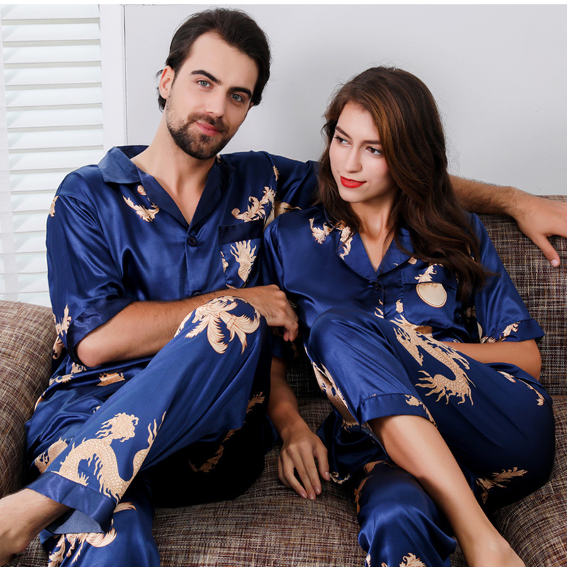 Summer Couple's Silk Pajamas, Women's Thin Summer Men's Set, Short-Sleeved Spun Silk Home Wear, Men's Imitation Silk