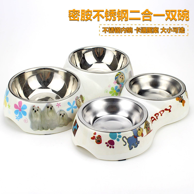 Оптовая мультфильм меламина ПЭТ чаша собака из нержавеющей стали двойной чаша два в одном собака чаша Нескользящая кошка чаша питания бассейна поставок