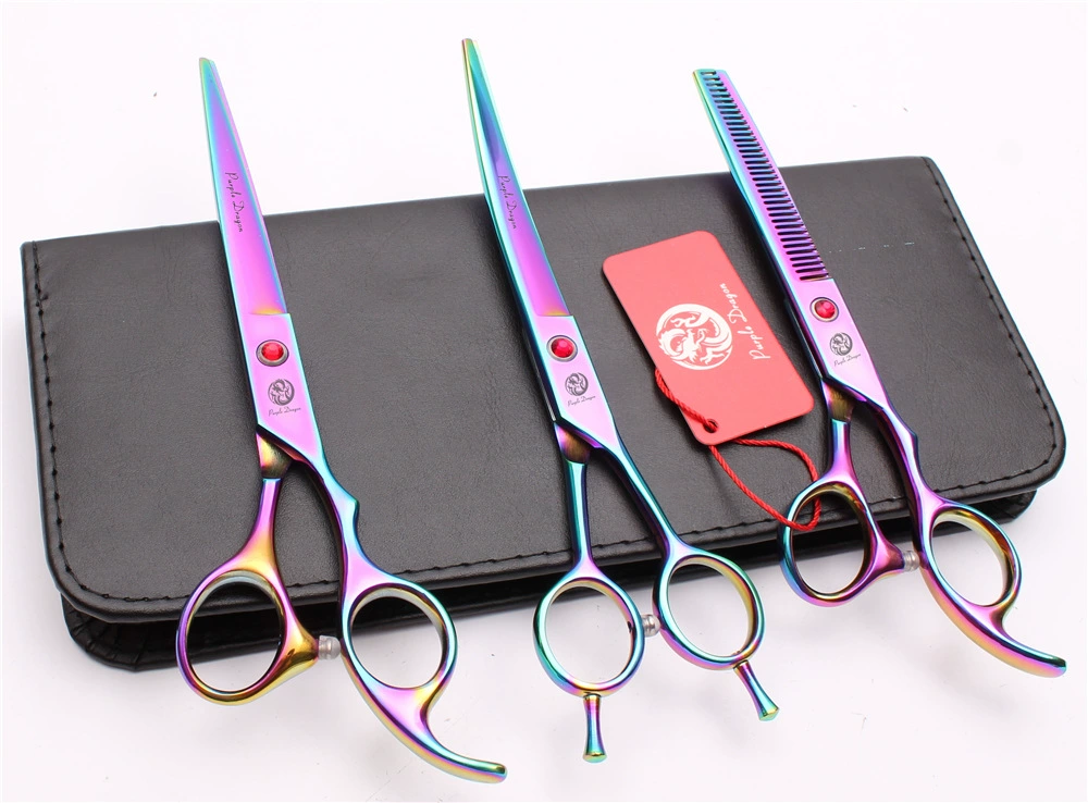 Purple Dragon 7.0 -inch Blue 3 Package Pets Straight Cut Flating Foot Cut, Cut, Shear Cosmetic Scissors Dog