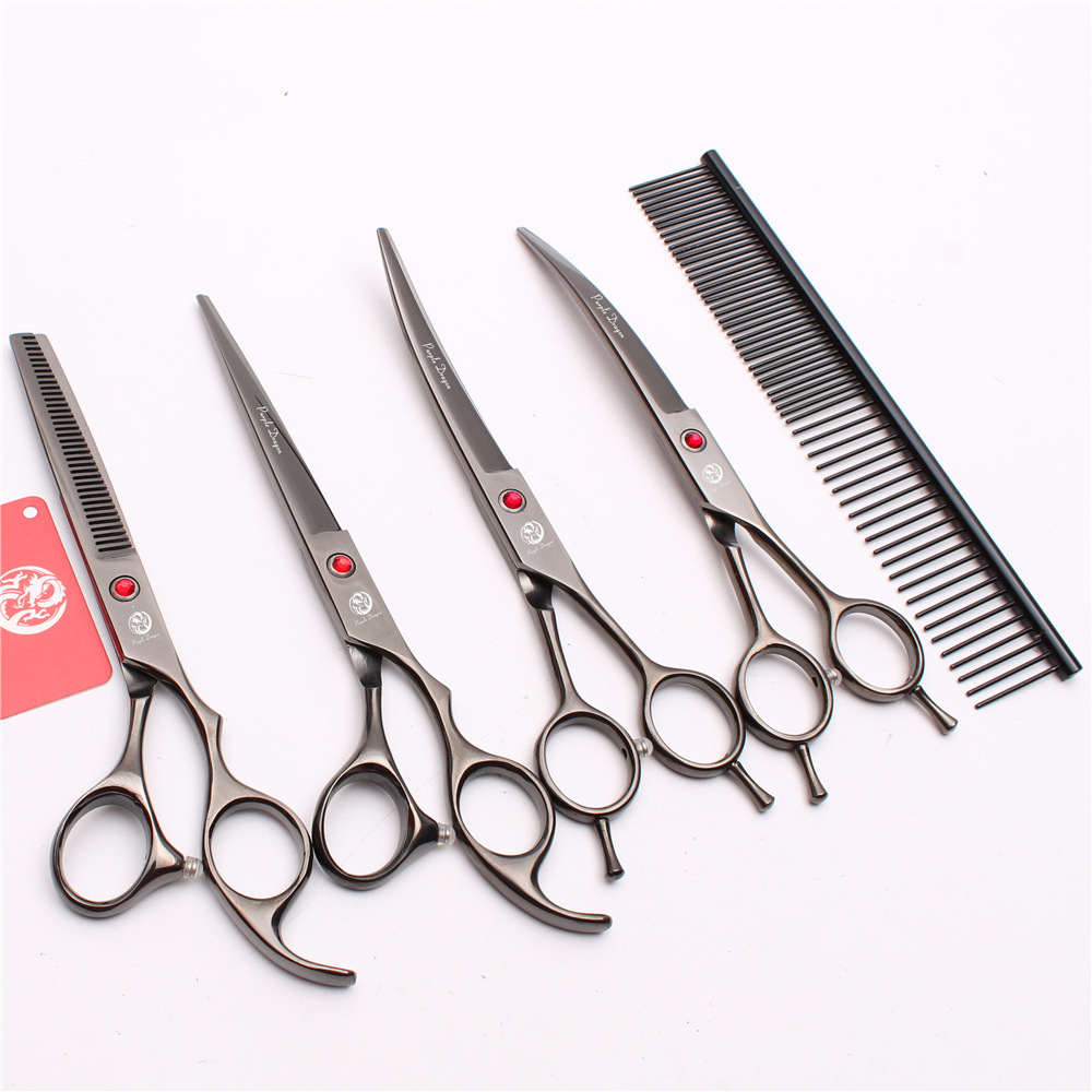 Dragón púrpura Tijeras de belleza de 7 pulgadas Tijeras negras para mascotas Tijeras de corte de pelo Tijeras rectas Tijeras de diente superior curvadas deformando fila peine 5 piezas traje