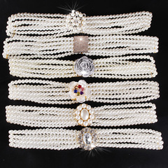Elegant four-row pearl belt decorated with retro-style Hanfu accessories for women, elastic elastic waistband, rhinestone flower waist chain