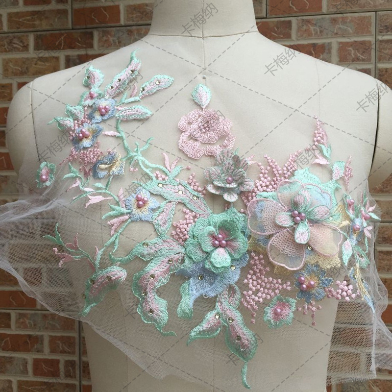 特价款粉绿彩色立体大花朵钉珠花贴舞台表演服装戏服旗袍辅料