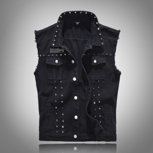 Trendy men's spring/summer autumn black Denim vest trendy cool rivet plus size vest Korean style personalized vest waistcoat