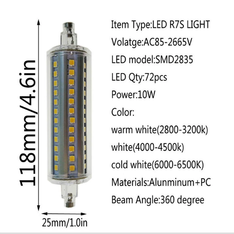 R7S LED 360°, R7S 10W, диаметр 22 мм, сверхкомпактная лампа R7S, прямые поставки от производителя