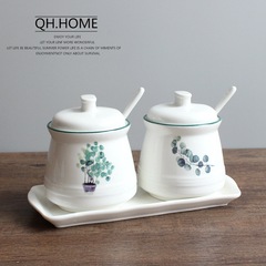 北歐植物陶瓷調味罐廚房用品家用調料盒套裝組合調料瓶三件套裝罐