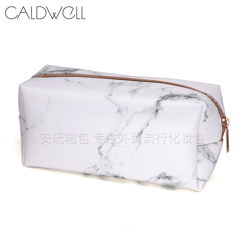 Handheld Cosmetic Bag, Polyurethane Marble Pattern, Compact Clutch Organizer, 19×9×7 cm