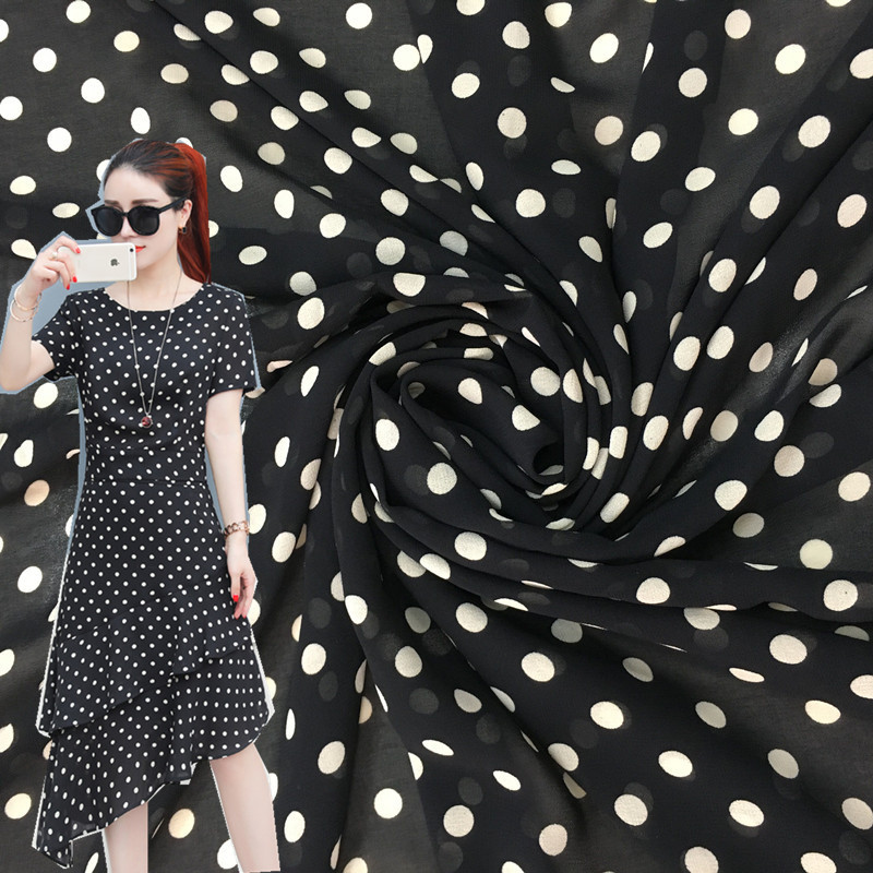现货供应 春夏75D珍珠雪纺印花 黑底白圆点印花面料 雪纺印花面料