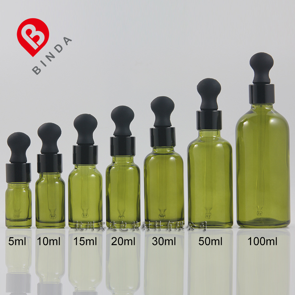宾达5/10/15/20/30/50/100ml扁胶头黑铝圈 橄榄色喷涂玻璃滴管瓶