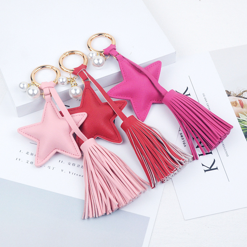 Five-pointed star Pearl PU Tassel Keychain leather pendant women's bag accessories key pendant girl gift