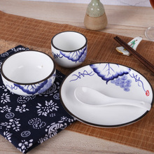 厂家生产白釉釉下彩四件套青花消毒餐具陶瓷加工轻奢青花瓷碗盘