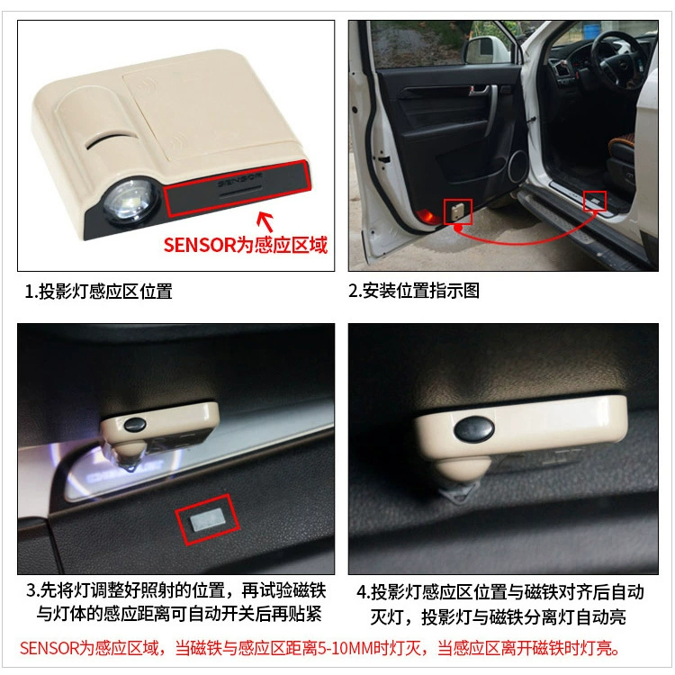 Car door projector LED light, motion‑sensing induction, black or beige, single/pair/4‑pack