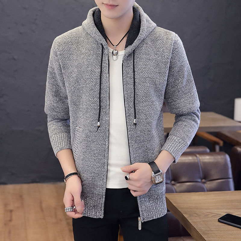跨境男装连帽加绒加厚纯色毛衣潮青少年韩版修身男式开衫针织衫