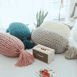 创意糖果蒲团抱枕 北欧设计手工毛线沙发靠垫坐垫纯色长条靠枕