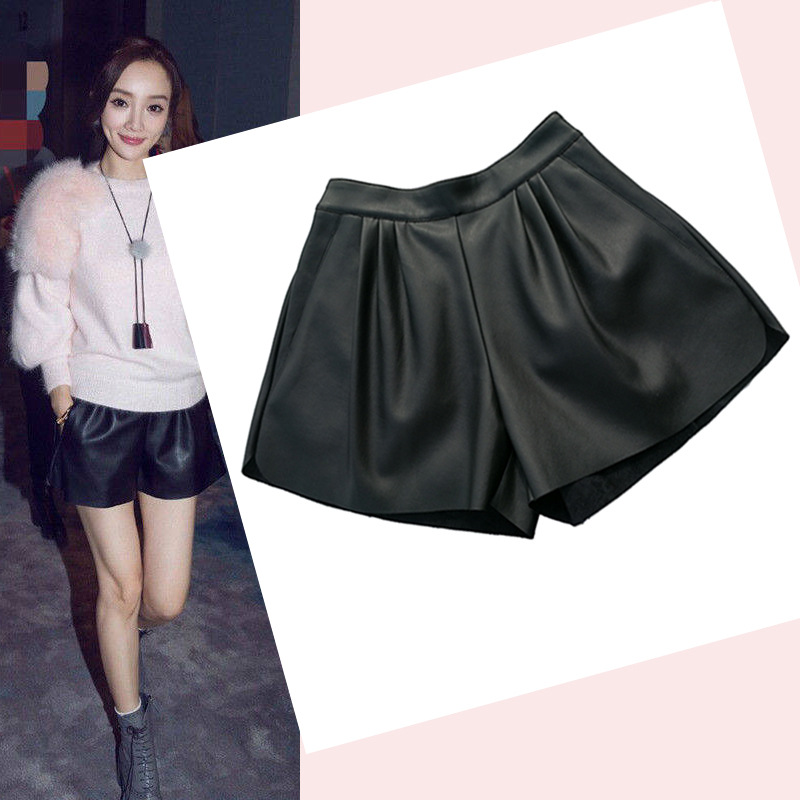K Leisure Hot Pants PU Leather Shorts Versatile Elastic Waist Wide Leg Slimming_ecoleips.com