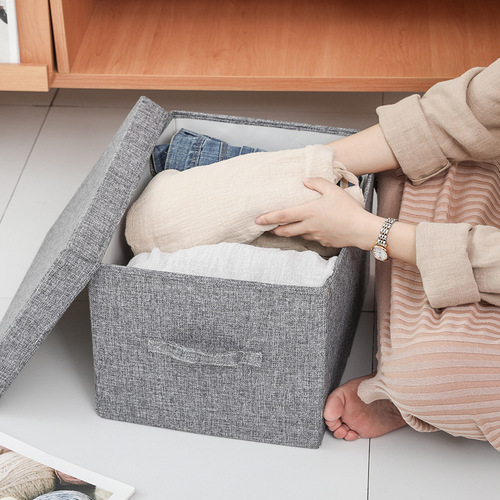 Cotton and linen storage box with lid, fabric storage container, wardrobe organizer box, clothing storage box, home extra large, foldable