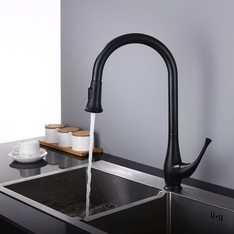 All copper pull-out kitchen faucet hot and cold dish basin faucet sink frosted black faucet with shower