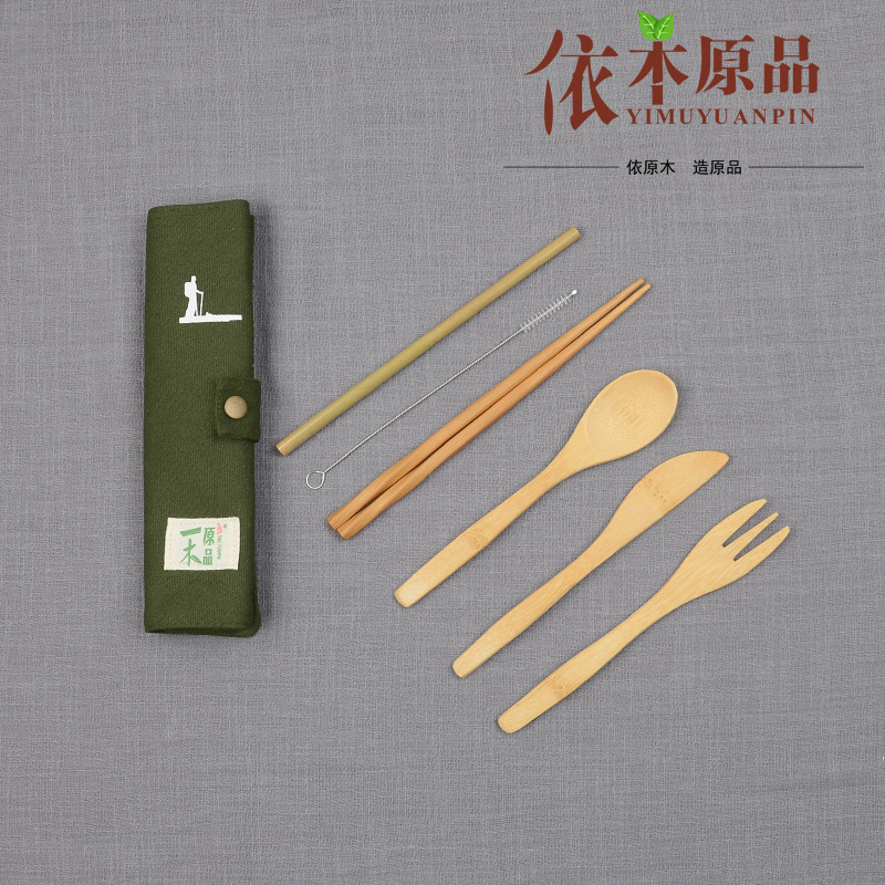 Al Aire Libre portátil estudiante viaje cuchillo de bambú, tenedor y cuchara traje palillos cuchara conjunto bolsa de lona traje de vajilla al por mayor