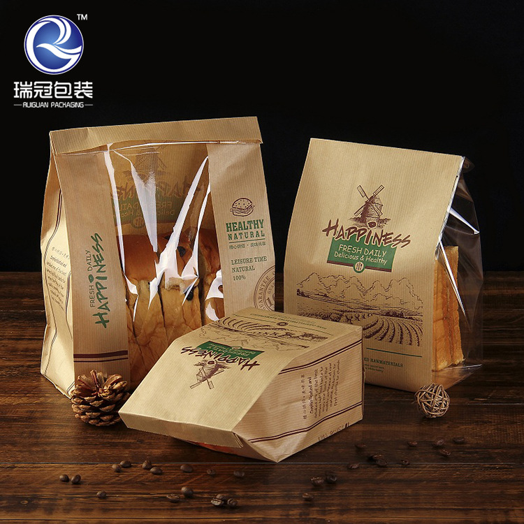 牛皮纸烘焙包装袋吐司面包袋子绿叶开窗淋膜包装纸袋工厂批发