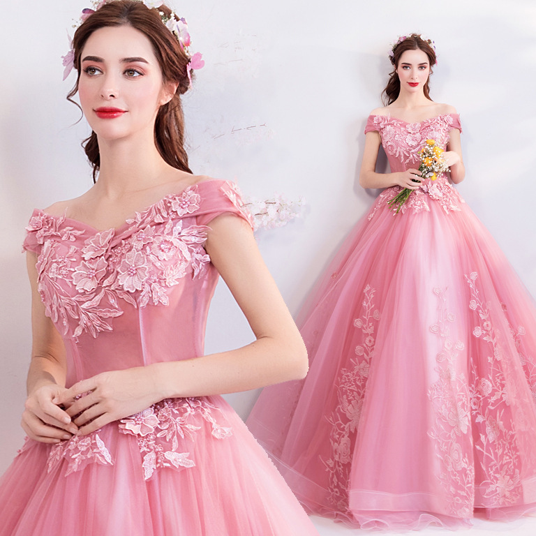 Elegant and Vibrant Banquet Gauze Dress 2026 New Pink Three-Dimensional Floral Bridal Wedding Dress Wedding Toast Dress