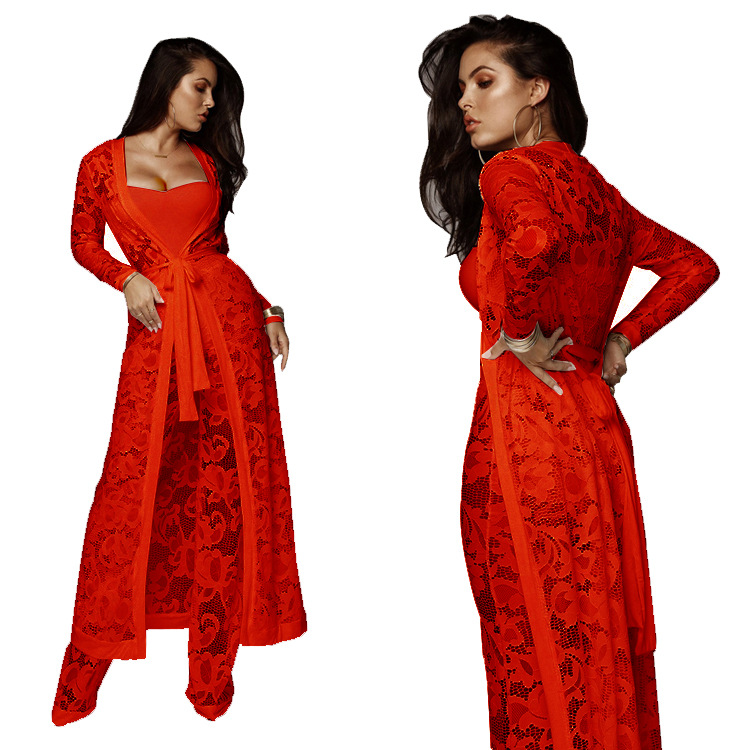 Traje de mujer deseo Comercio exterior europeo y americano pantalones de pierna ancha de encaje de otoño sexy de mujer traje casual de tres piezas al por mayor image 4