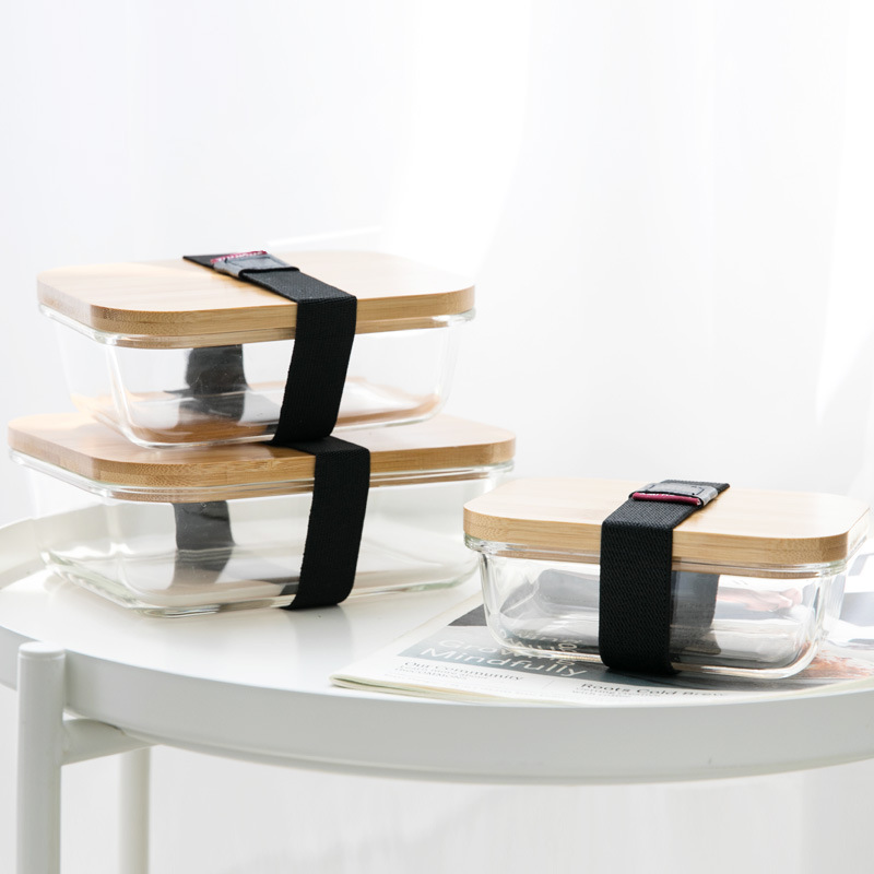 Estilo japonés de bambú del hogar de madera de bambú tapa de vidrio fresco de mantenimiento Tazón caja de almacenamiento vajilla sellada almuerzo caja de almuerzo horno microondas refrigerador