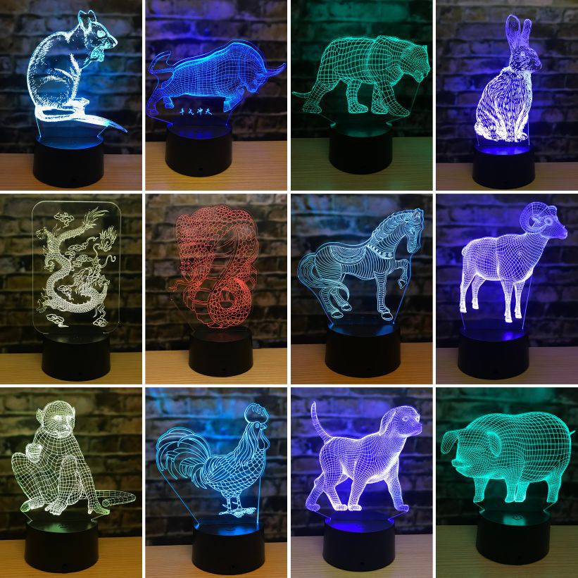 3D小夜灯LED灯十二生肖鼠牛虎兔龙蛇马羊猴鸡狗猪小台灯创意礼物