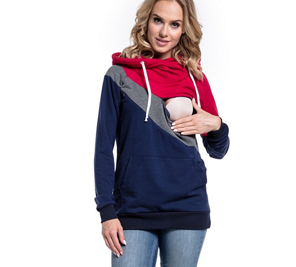 Sudadera de lactancia multifuncional de manga larga con diseño patchwork para madres, nueva de 2025, disponible en AliExpress, eBay y Amazon.