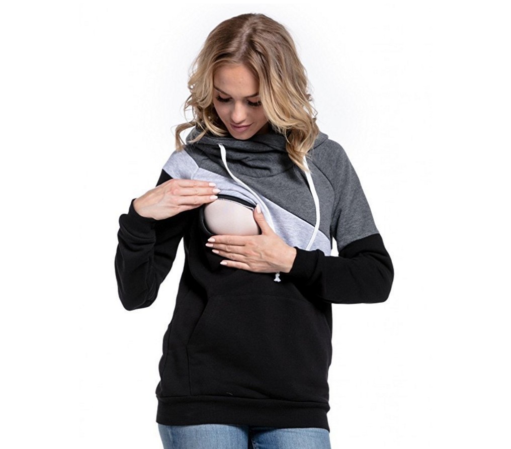 Sudadera de lactancia multifuncional de manga larga con diseño patchwork para madres, nueva de 2025, disponible en AliExpress, eBay y Amazon.