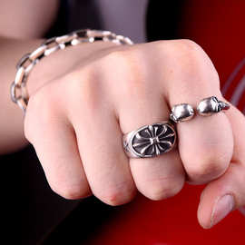 新款潮流S925银男士十字架十字花戒指复古做旧男款指环戒指