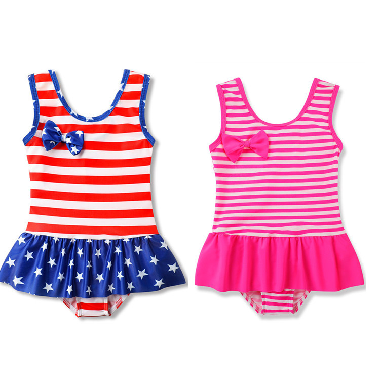 Independence Day New Foreign Trade Source Children's One-piece Swimsuit Female American Flag Striped Ruffles