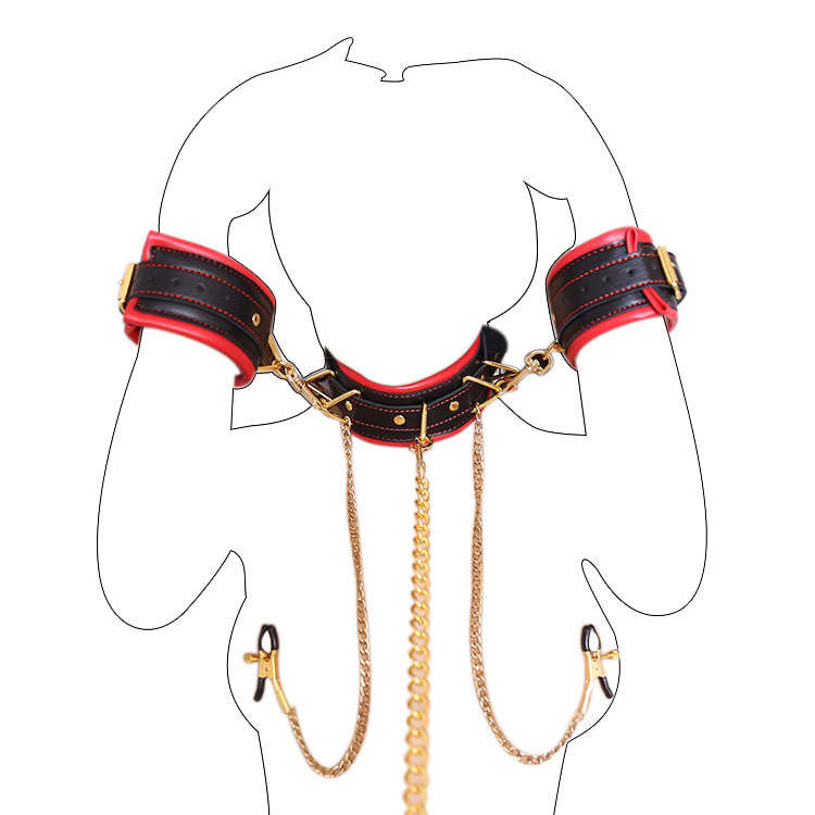 Juguetes sexuales, juguetes para adultos, esposas, collares, pinzas para pezones, cadenas de cuero para conectar manos y cuello, esposas para espalda, ¡gran oferta!