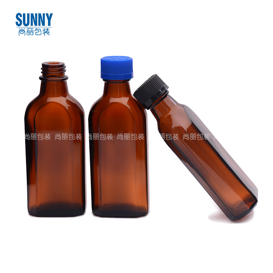 新款100ml棕色扁平方玻璃瓶茶色饮料精油乳液泵头密封儿童安全盖
