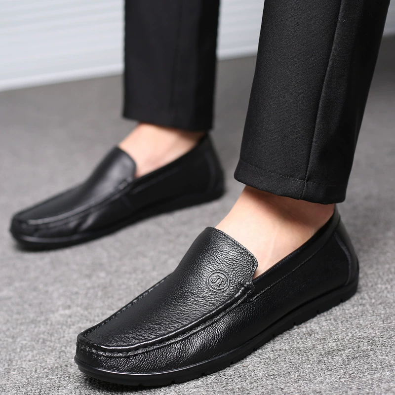 Кожаные мужские кожаные туфли один педаль повседневная круглая, дышащая резиновая подошва, мягкая, нескользкая и износоевая обувь из бобов