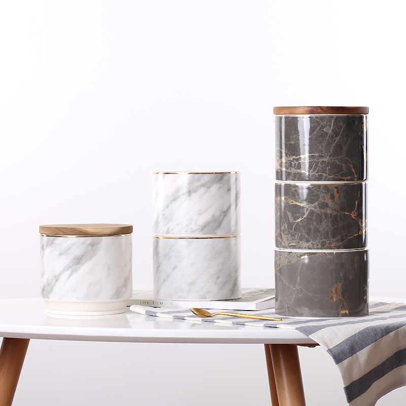 Nórdico de tres capas de mármol de cerámica sellada tarro de almacenamiento de café multi-grano con tapa adornos de decoración suave