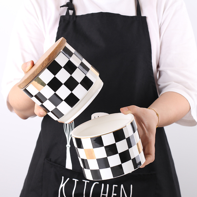 Nórdico moderno patrón geométrico simple tarro de almacenamiento de tres capas de cerámica densa tarro sellado creativo adornos de decoración suave