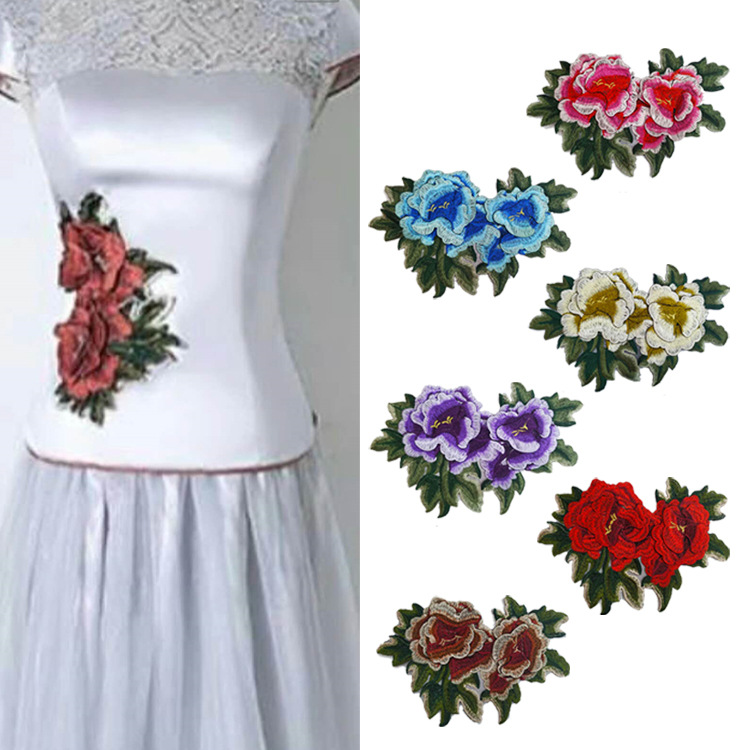 臻美绣品服装辅料刺绣花边布贴牛仔贴布民族花朵热熔乌玻璃丝