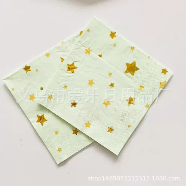 20 sheets of 25*25cm paper towels with five-pointed stars, mint green and gilt edges