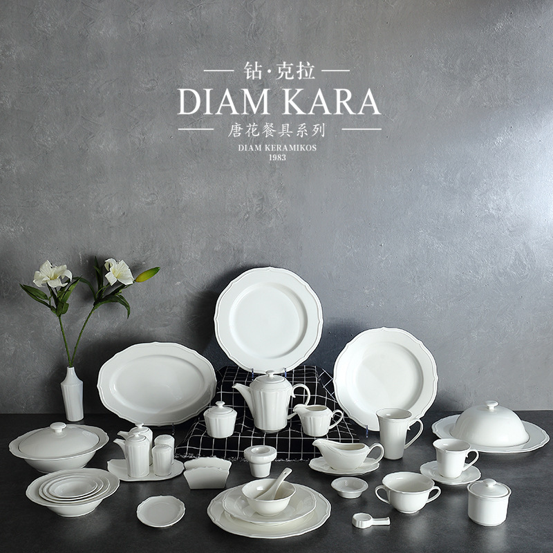 Pure White Steak Western Food Plate Hotel Household Ceramic Soup Plate Bowl Western Restaurant Creative Embossed Pattern Food Plate Tanghua