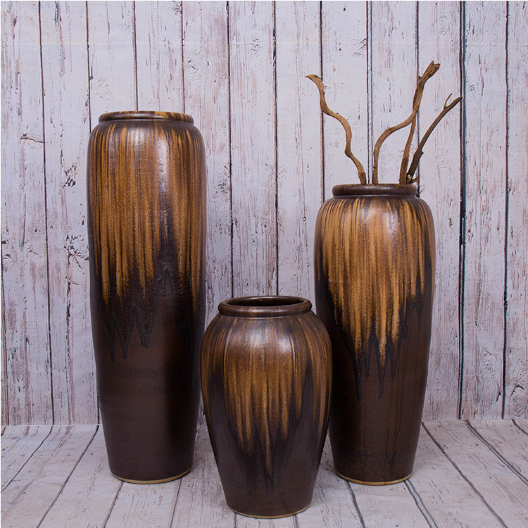 Floor-Standing Home Decoration Vase Set of Three Pieces, Golden Years Coarse Pottery Ornaments, Glaze-Colored Ceramic Vase