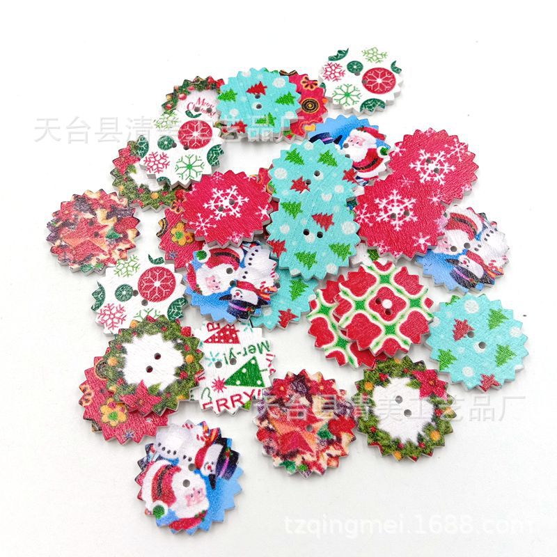 20mm/25mm caja de engranajes de fondo blanco forma de hoja redonda de Navidad botón de madera pintado de bricolaje 50 piezas en un paquete