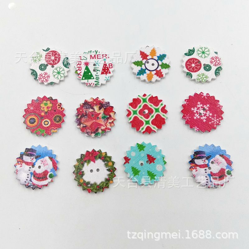 20mm/25mm caja de engranajes de fondo blanco forma de hoja redonda de Navidad botón de madera pintado de bricolaje 50 piezas en un paquete