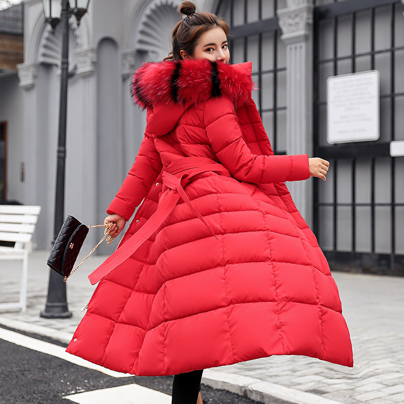 Cross-Border 2021 Women's Cotton Coat, Extra Long, Over-The-Knee, Thickened, Large Fur Collar, down Cotton Jacket, Long-Sleeved, Wholesale, Cold-Proof